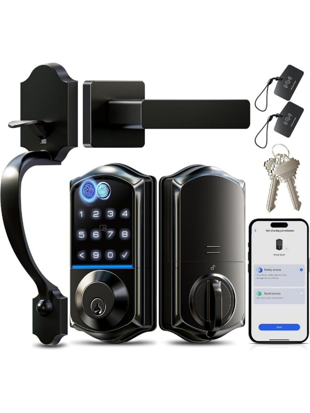 8-in-1 Fingerprint Smart Door Lock Set - Keyless Entry, Matte Black Finish